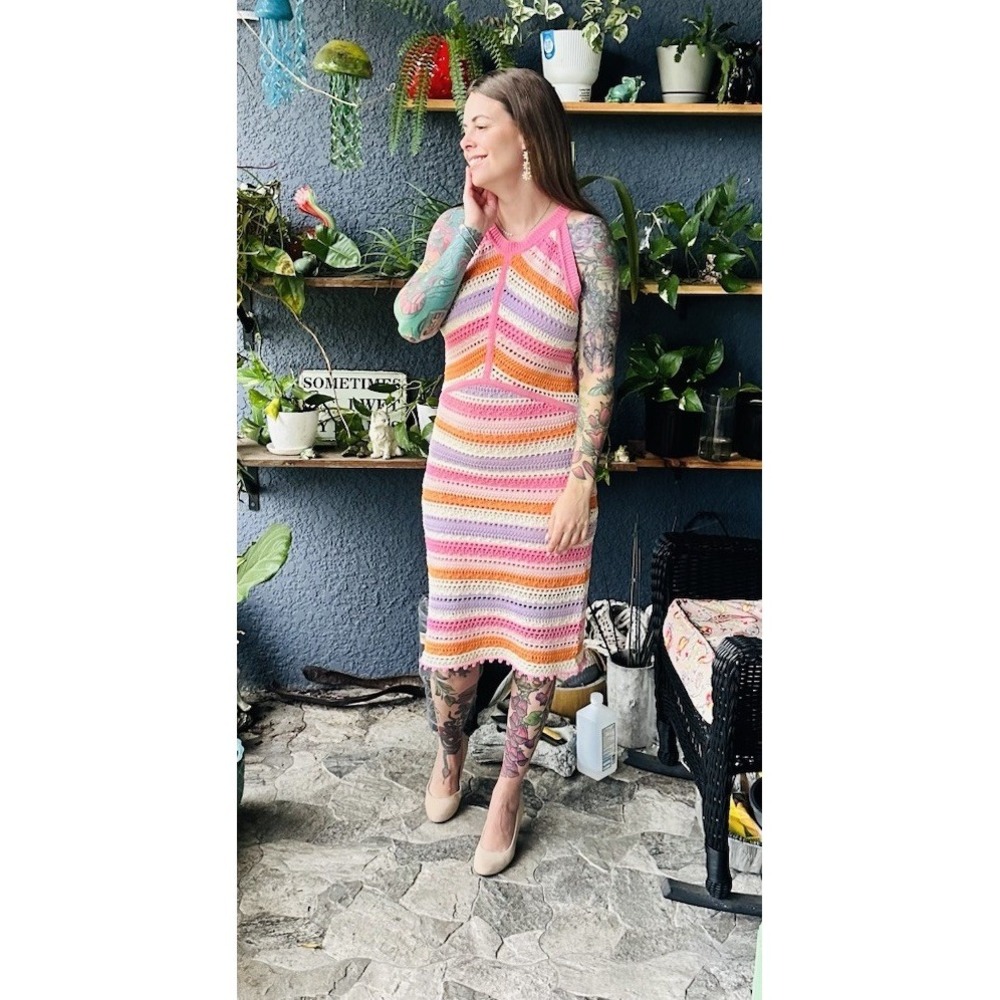 Willow & Wind Crochet Lined Dress Pastel Spring‎ Colors Striped Sleeveless L